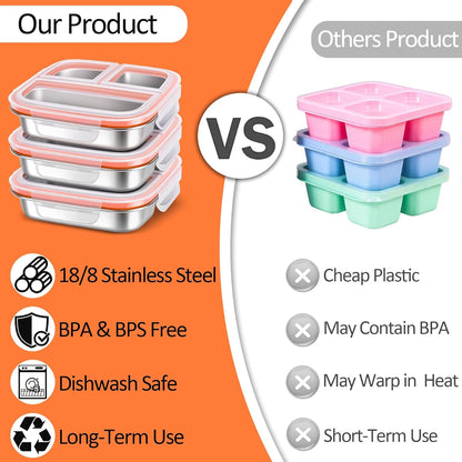 3-Pack Stainless Steel Snack Containers & Kids Lunch Boxes, 20 oz Each