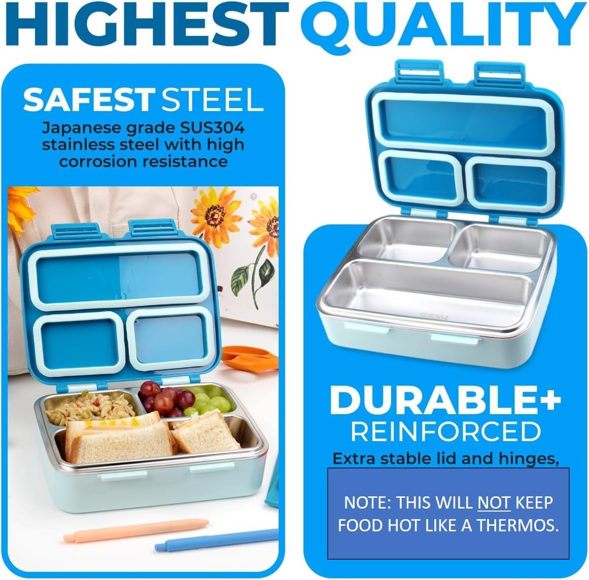 kinsho Stainless Steel Bento Box Lunch Container for Boys Kids, Blue