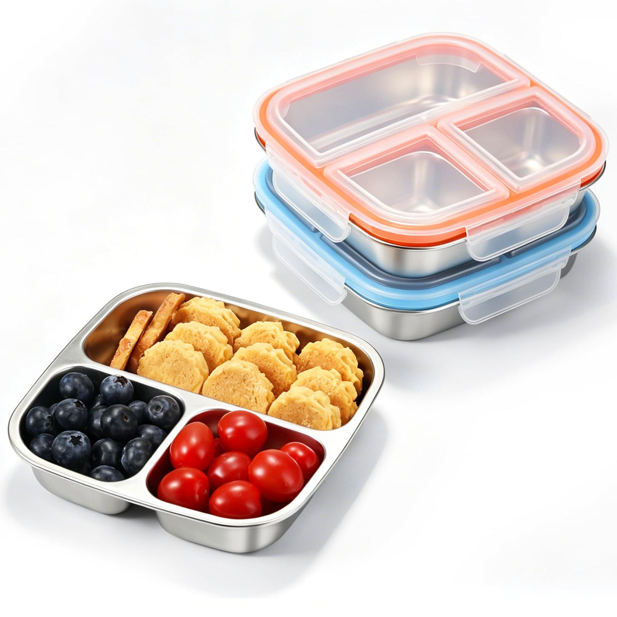 Stainless Steel Snack Containers, 3 Compartments Reusable on and go Bento Box with Lids for Kids, Lunch Box Pre Meal Storage for Daycare School Outdoor Camping Travel - Blue