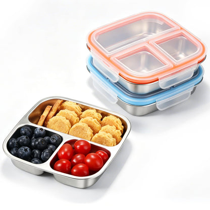 Stainless Steel Snack Containers, 3 Compartments Reusable on and go Bento Box with Lids for Kids, Lunch Box Pre Meal Storage for Daycare School Outdoor Camping Travel - Blue