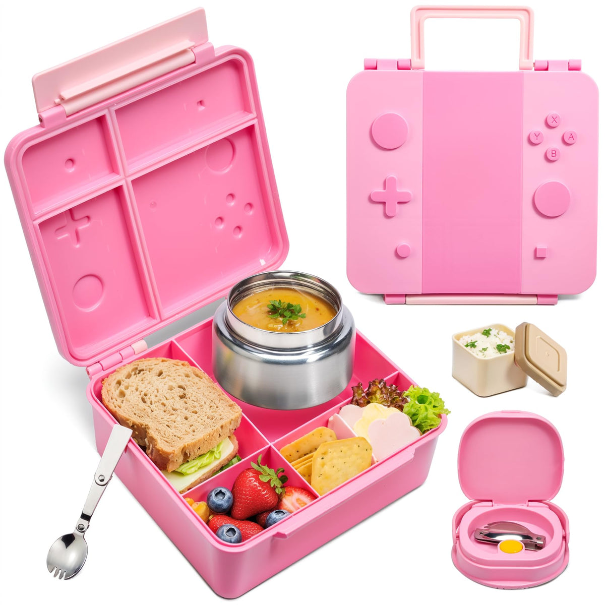 Game Bento Box for Kids, Lunch Box with Thermo(9oz Food Jar), Folding Spoon, Removable Divider & Sauce Cup, Lunch Box Kids for School,Travel, BPA-Free & Realistic Shape(Blue-Red)