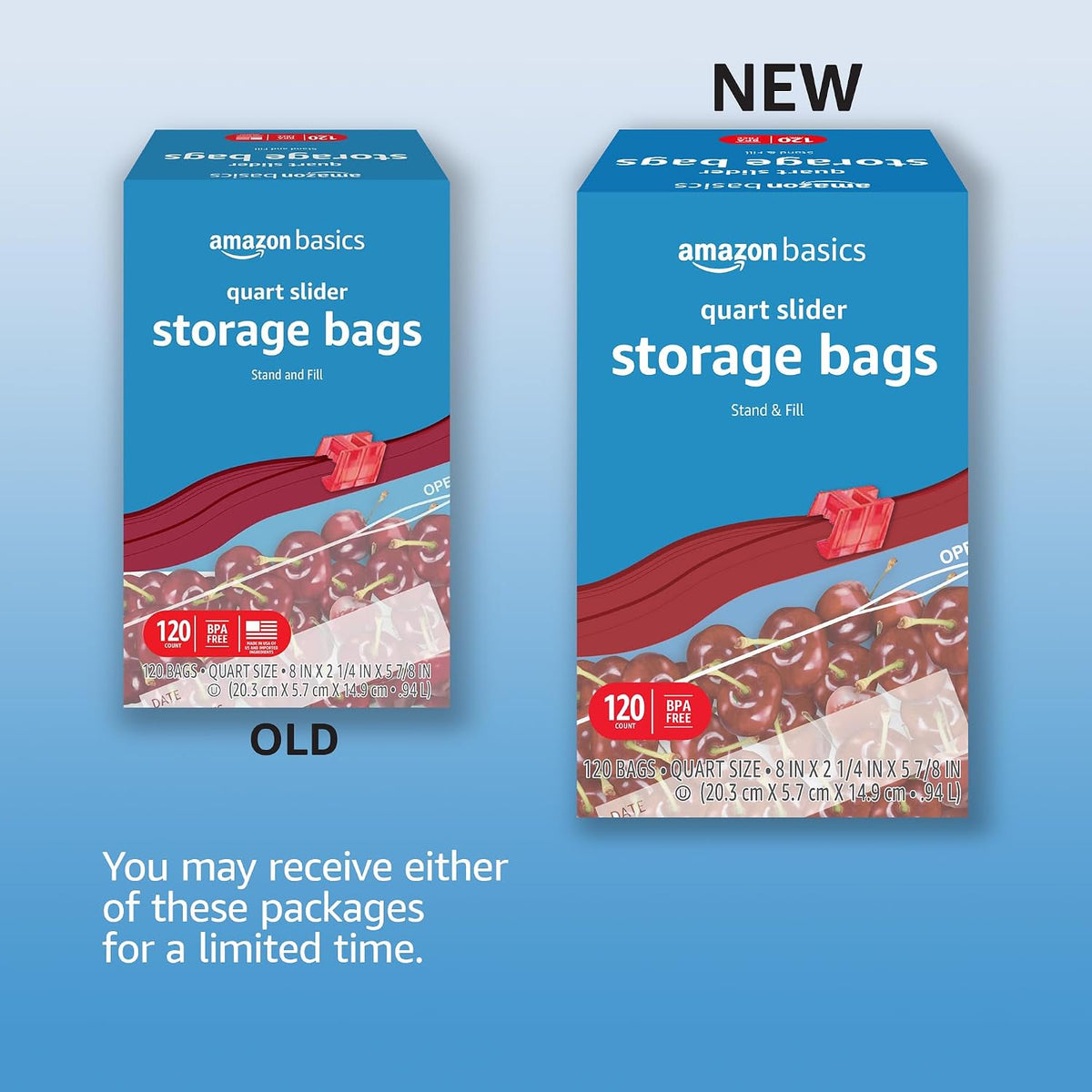 Amazon Basics Slider Quart Food Storage Bags with Stand-Up Bottom, Easy to Fill, BPA Free, 120 Count (Previously Solimo)
