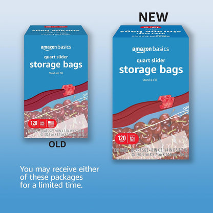 Amazon Basics Slider Quart Food Storage Bags with Stand-Up Bottom, Easy to Fill, BPA Free, 120 Count (Previously Solimo)