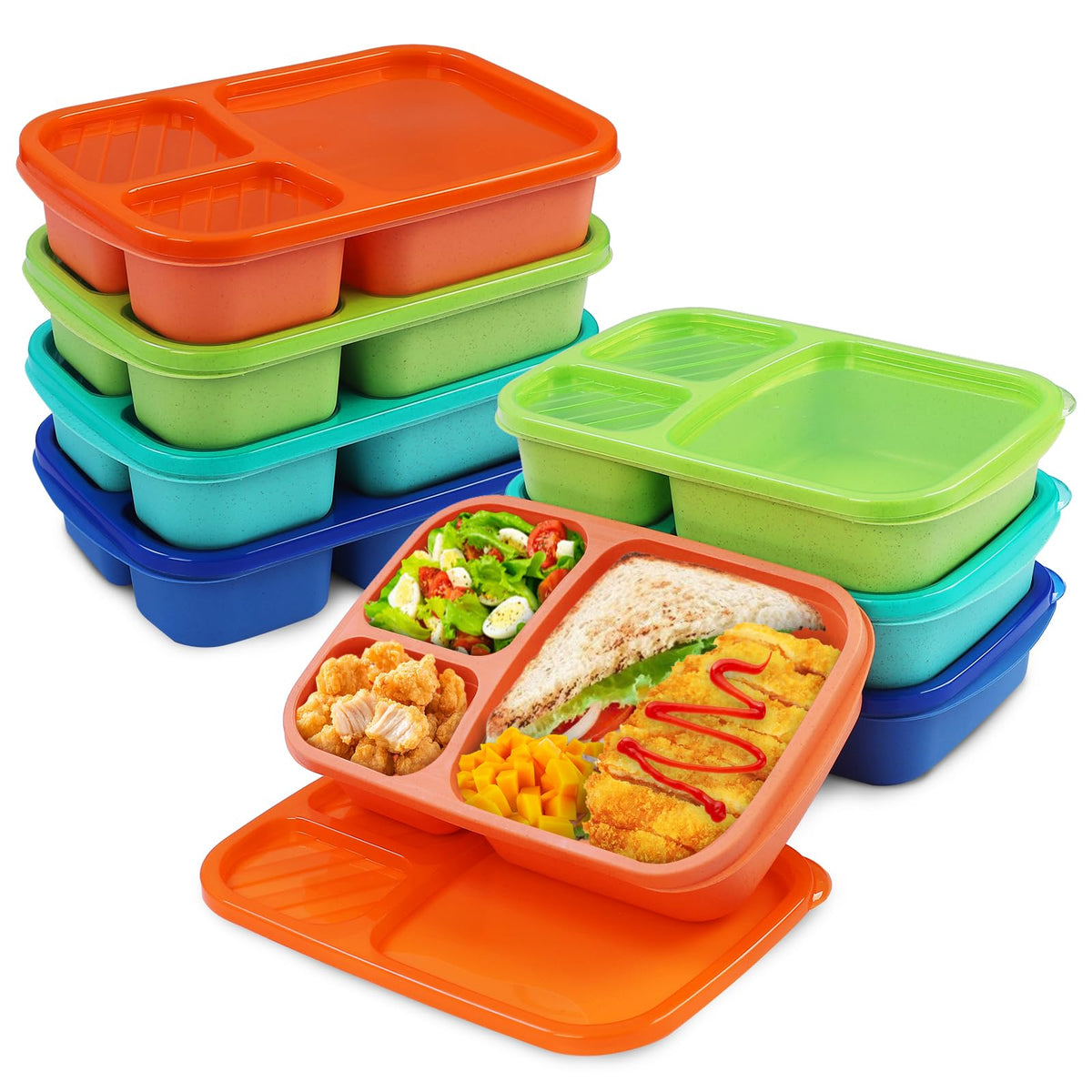buluker 4 Pack Bento Lunch Box Set 3 Compartment Food Storage Containers Wheat Straw Meal Prep Lunch Box Plastic Food Storage Containers, Microwave and Dishwasher Safe (light colour)