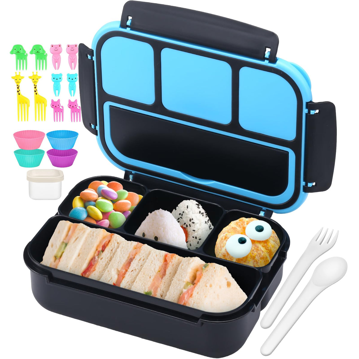 QQKO Bento Lunch Box for Kids Girls Boys, Toddler Kids Lunch Boxes for School, Lunch Containers for Adults with 4 Compartments, Sauce Container, Utensils, Food Picks and Muffin Cups, Purple