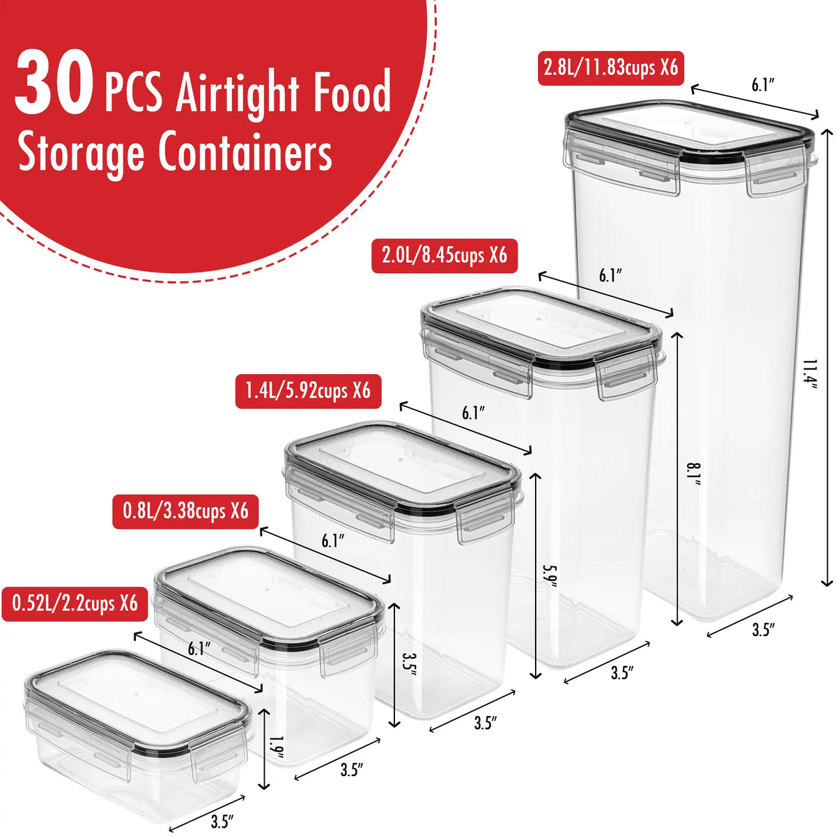 30-Pack BPA-Free Durable Plastic Airtight Food Storage Containers Set with Lids - Organized Food Storage Jars, Various Volumes (0.52L, 2.0L) Stackable for Kitchen & Pantry Organization (Fits Pasta, Utensils)