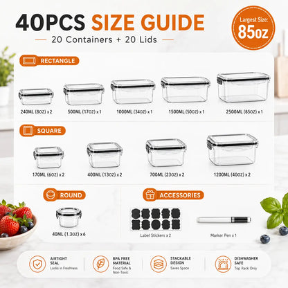 AISOON Airtight Food Storage Kit (50 Pcs/25 Pack), Kitchen Gadgets Meal Prep Containers, Reusable Leak-Proof Stackable BPA-Free Transparent Plastic Snack Boxes with Silicone Lids, Stackable Fridge Organizer
