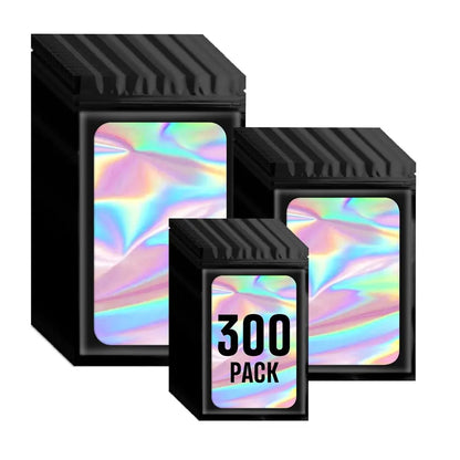 Black Mylar Holographic Aluminium Foil Bags, 300-Pack 3-Sizes Compact Zippered Leakproof Moisture Guard Odor-Proof Storage Bags for Food Storage & Sample Organizing
