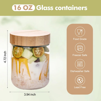 YUNCANG 6-Pack 16oz Wide Mouth Round Glass Jars with Airtight Bamboo Lids, Overnight Oats Jars & Picnic-Ready Canisters, Spice Stays Sealed Food Storage for Sugar Snacks Yogurt Meal Prep Kitchen, Canister,sohochic