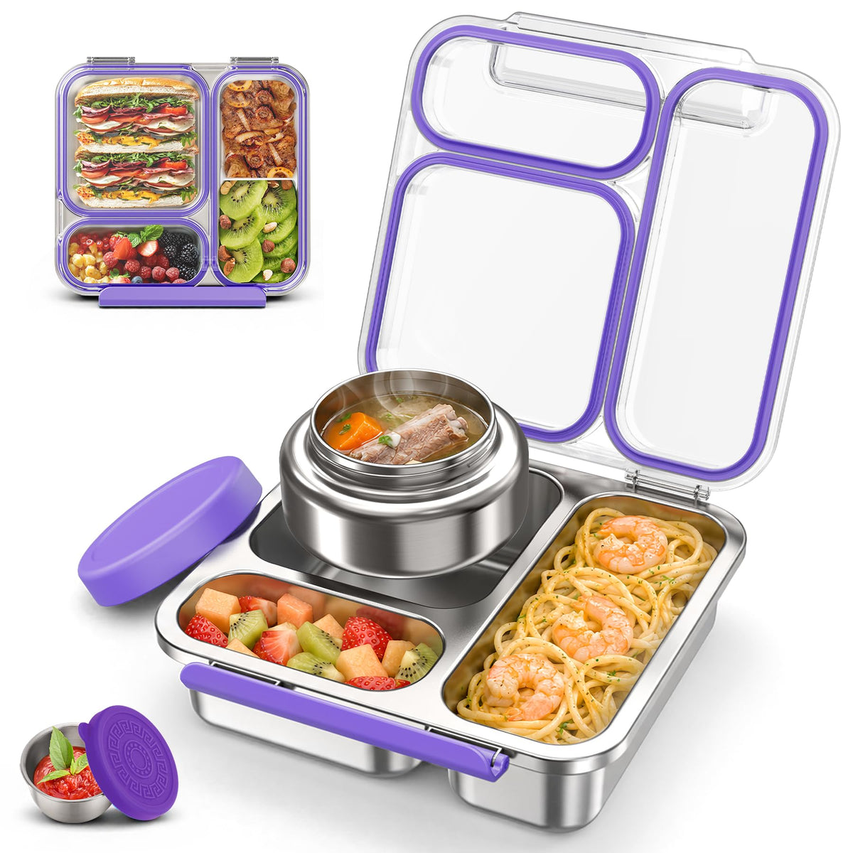 Stainless Steel Bento Box Kids Adult with 7oz Soup Thermo, Transparent Lid 3 Compartments Metal Bento Lunch Box with Insulated Food Jar,Lunch Box Container Sauce Cup for School,BPA-Free(Pink)
