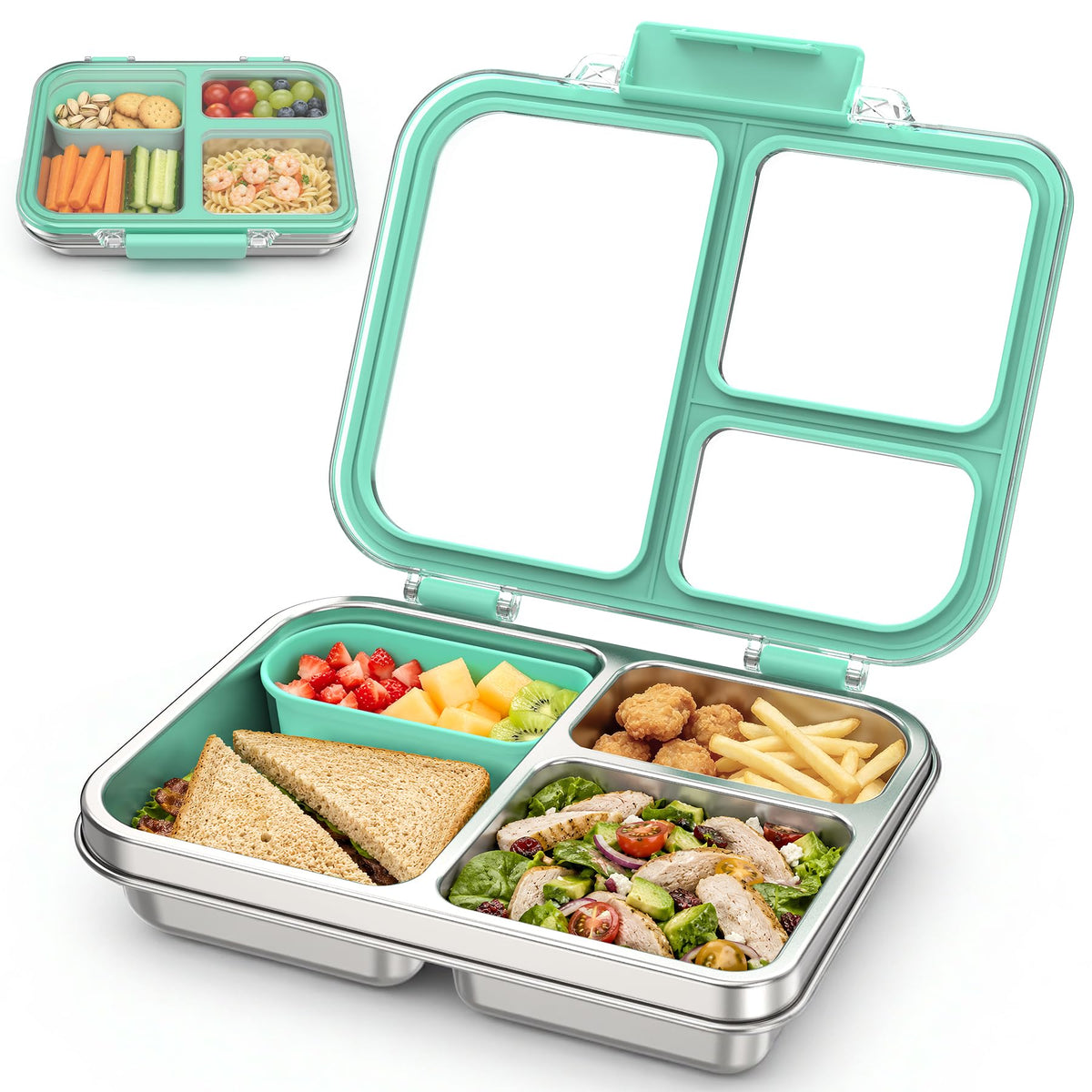 Stainless Steel Bento Box for Kids, 3-Compartment Metal Lunch Box with Clear Lid & Removable Silicone, Lunch Box Kids with Silicone Inner Container for Meal Prep, School, Office (Grey)