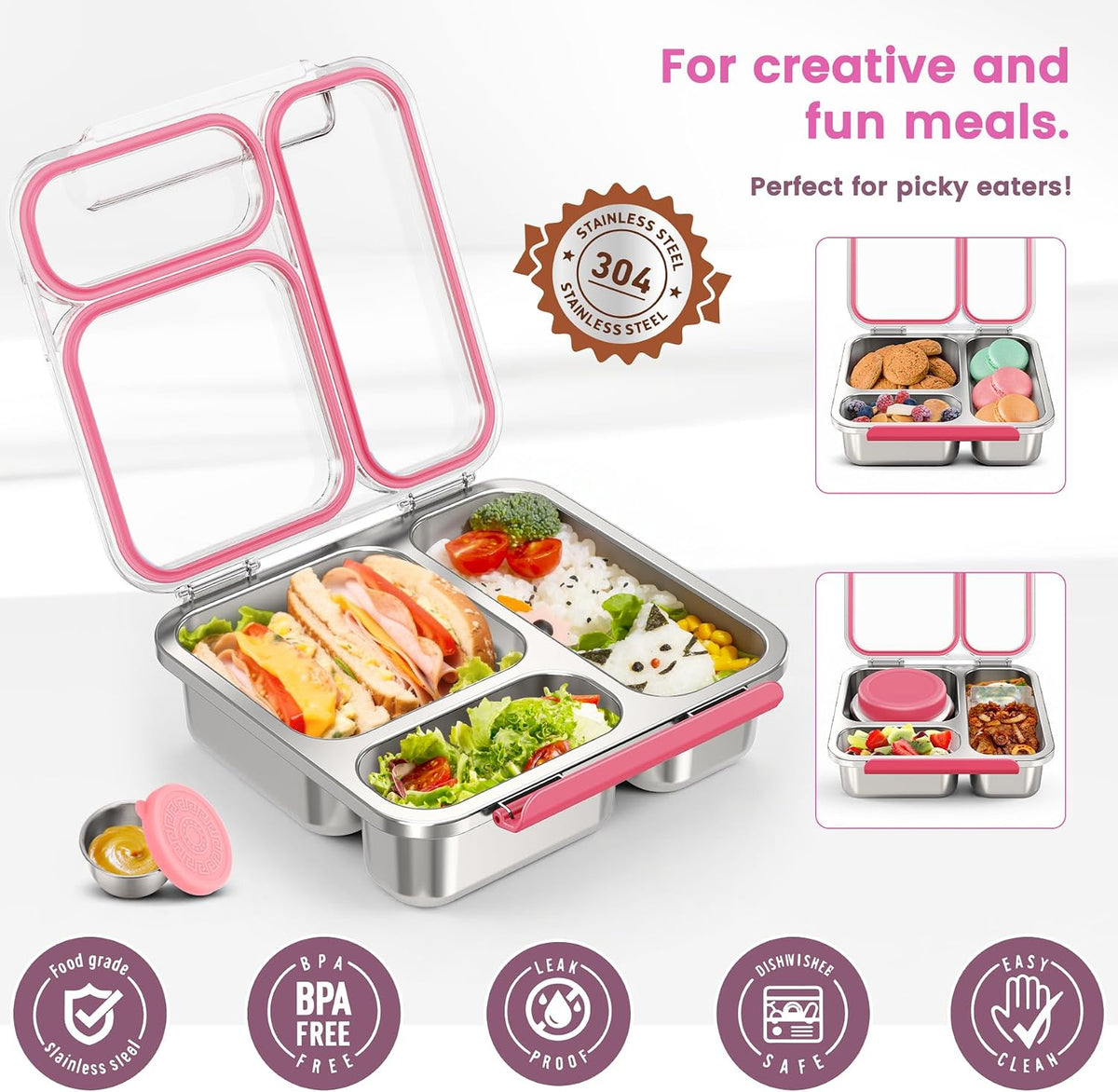 Stainless Steel Bento Box Kids Adult with 7oz Soup Thermo, Transparent Lid 3 Compartments Metal Bento Lunch Box with Insulated Food Jar,Lunch Box Container Sauce Cup for School,BPA-Free(Pink)