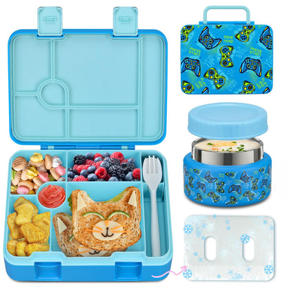 Kids Bento Lunch Box with Ice Pack, 5 Compartments Leak-Proof Bento Box with Utensils, 5.5-Cup Capacity for Adults & Ages 8+, BPA Free, Microwave & Dishwasher Safe, Pink
