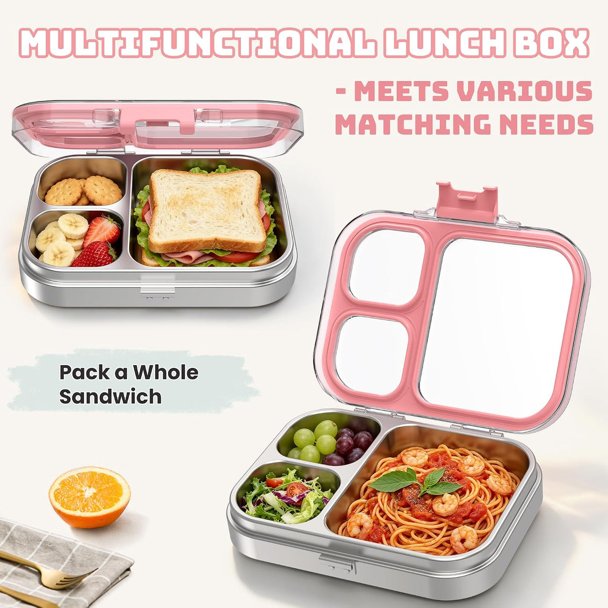 LOHASOK Stainless Steel Bento Lunch Box, 800ml, Pink