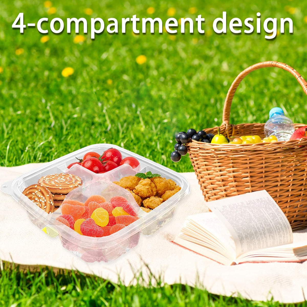 50 Pcs Bento Snack Food Containers,4 Compartment Lunchable Container