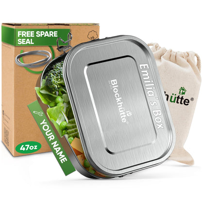 Blockhütte Stainless Steel Lunch Box for Adults I 47oz I Bento Box 3 Compartments with free Sealing, Leak-Proof Container, Metal Lunchbox for Travel, Work, Eco-Friendly Meal Storage Solution