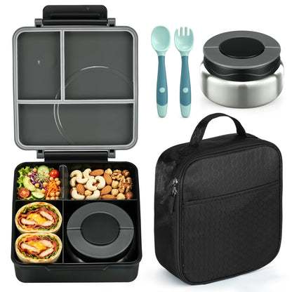 Bento Lunch Box Set for Kids with 8oz Soup Thermo, Leak-Proof Lunch Containers with 4 Compartment, Kids Thermo Hot Food Jar and Insulated Lunch Bag for Kid to School-Blue