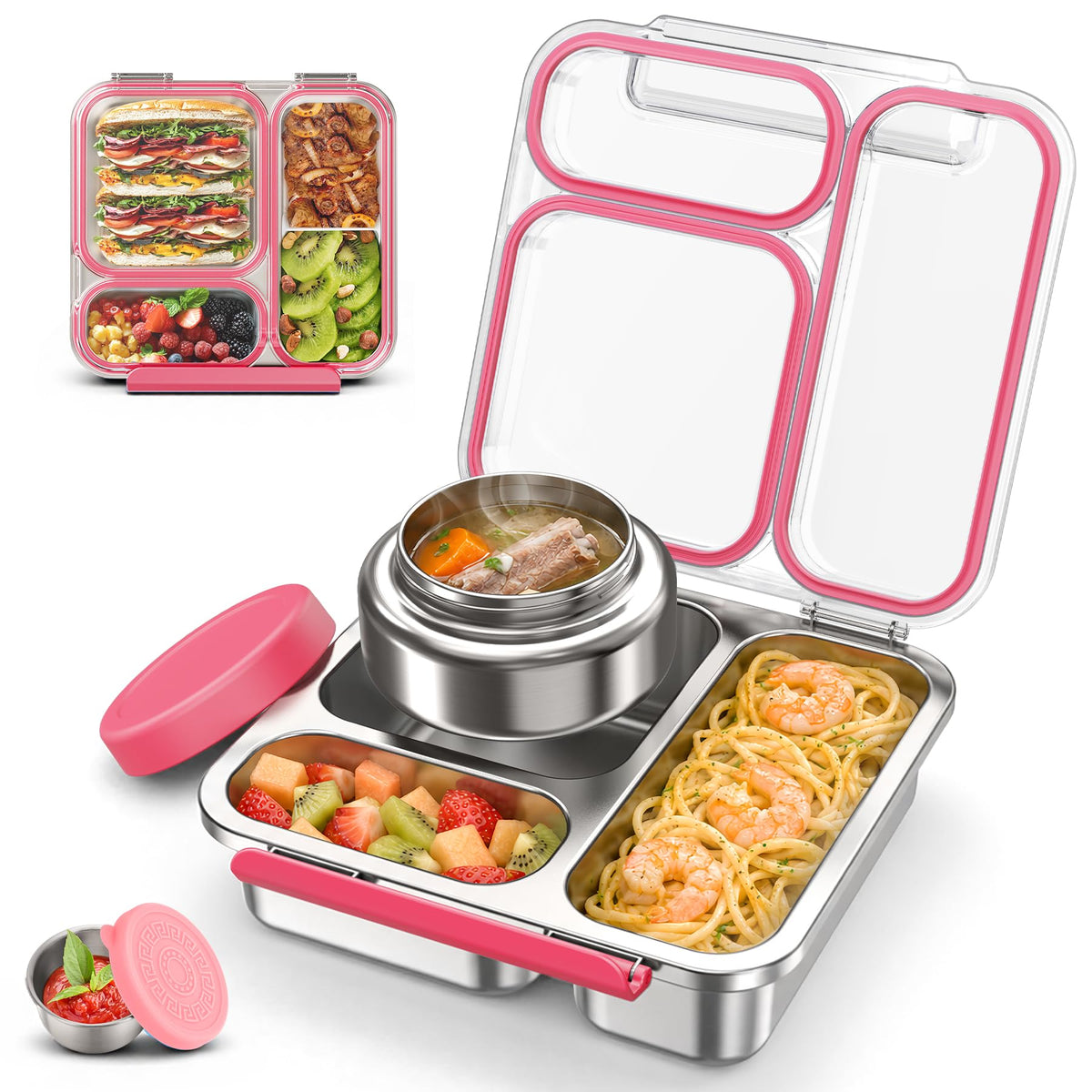 Stainless Steel Bento Box Kids Adult with 7oz Soup Thermo, Transparent Lid 3 Compartments Metal Bento Lunch Box with Insulated Food Jar,Lunch Box Container Sauce Cup for School,BPA-Free(Pink)