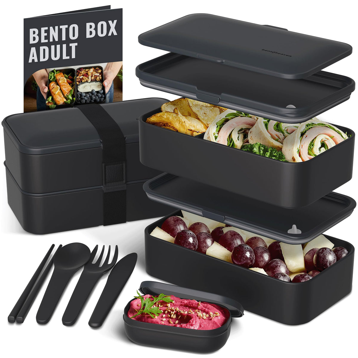 Bentoheaven Bento Box Adult, Stackable Lunch Box, 40 oz, Symph Onyx