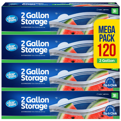 2 Gallon Storage Bags, Double Zipper Seal - 60 Count, Resealable Thick Plastic Food Storage Bags, Zero BPA - Resealable Containers for Lunch, Snacks, Meals - 2 Boxes