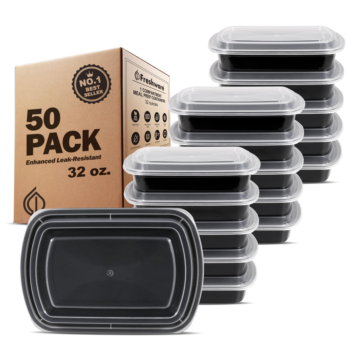 Freshware Meal Prep Containers [50 Pack] 1 Compartment with Lids, Food Storage Containers, Bento Box, BPA Free, Stackable, Microwave/Dishwasher/Freezer Safe (24 oz)