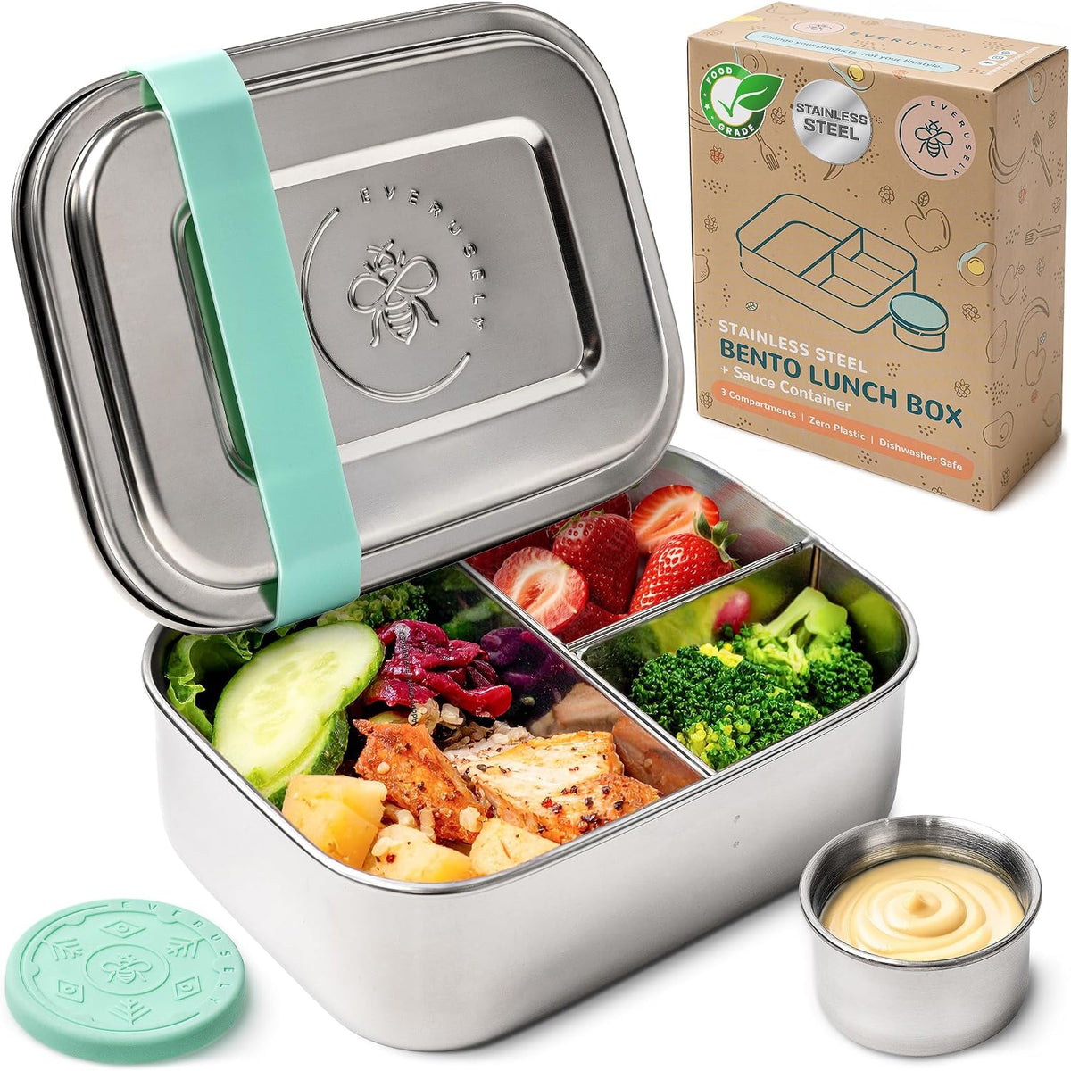 Stainless Steel Bento Box + Condiment Container - Green, 27oz / 0.8 L