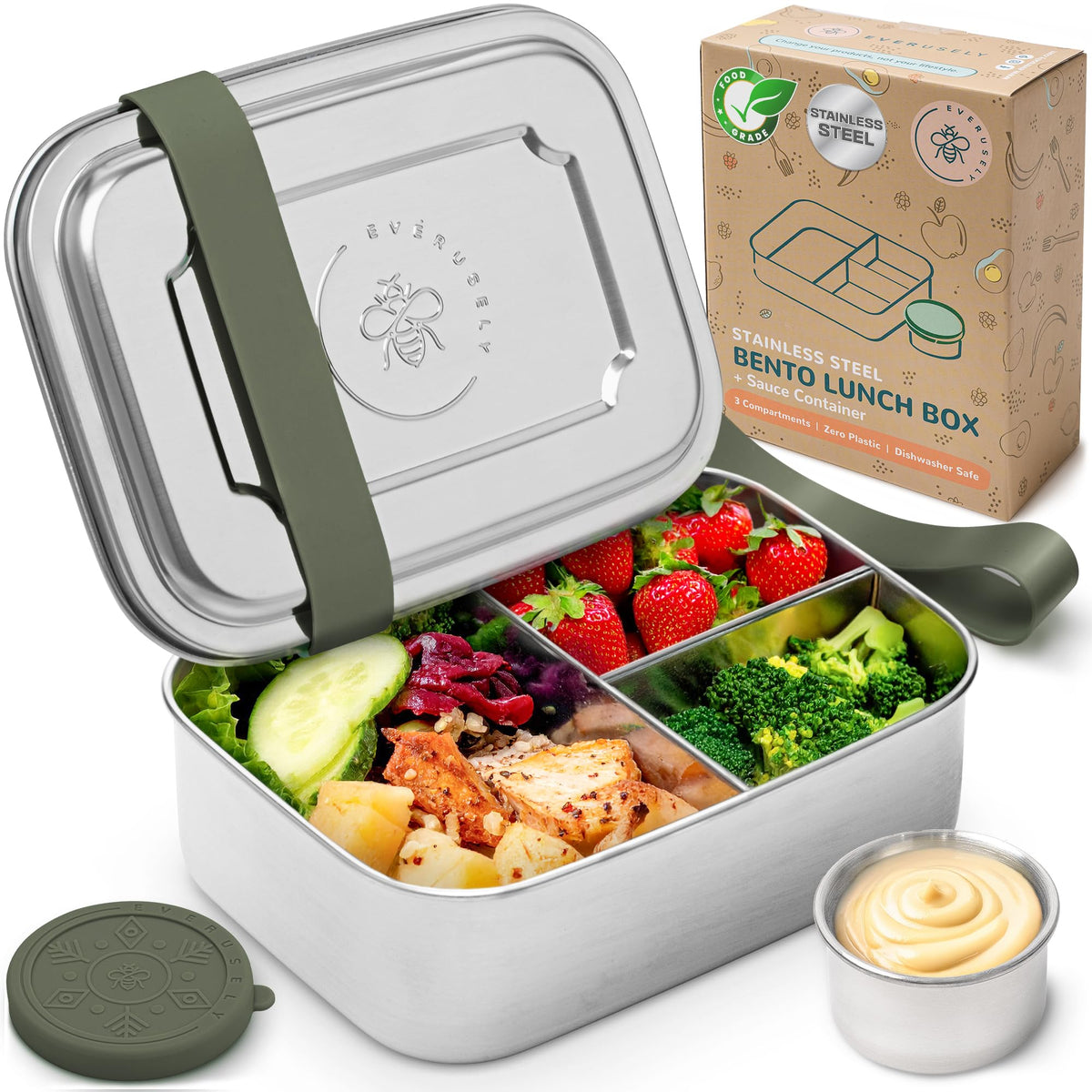 Stainless Steel Bento Box + Condiment Container - Green, 27oz / 0.8 L