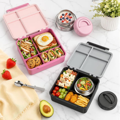 Bento Lunch Box for Kids with 9oz Soup Thermo,Kids 4 Compartments Bento Box with Folding Spoon & Sauce Cup,Lunch Box Kids for School,Travel, BPA-Free(Black)