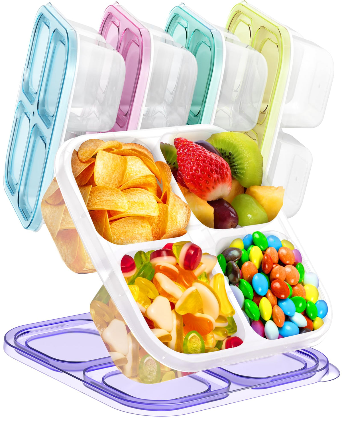 Canfanni 5 Pack Bento Snack Containers, 4 Compartment BPA-free Plastic Food Storage Containers, Divided Lunchable Container, Bento Lunch Box for Work and Travel