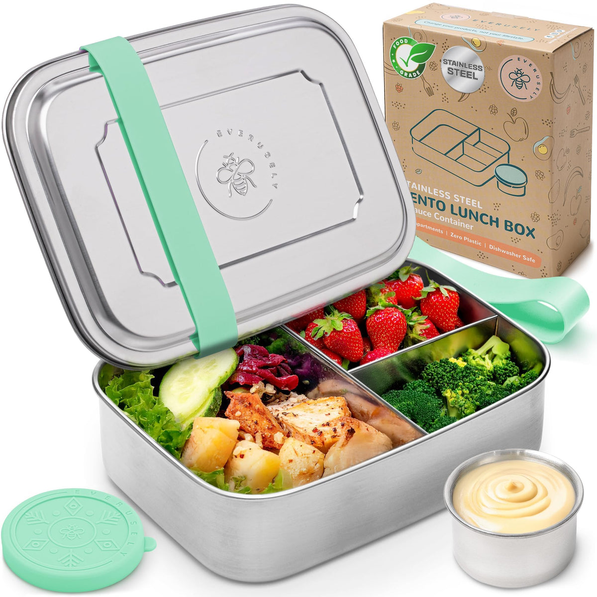 Stainless Steel Bento Box + Condiment Container - Green, 27oz / 0.8 L