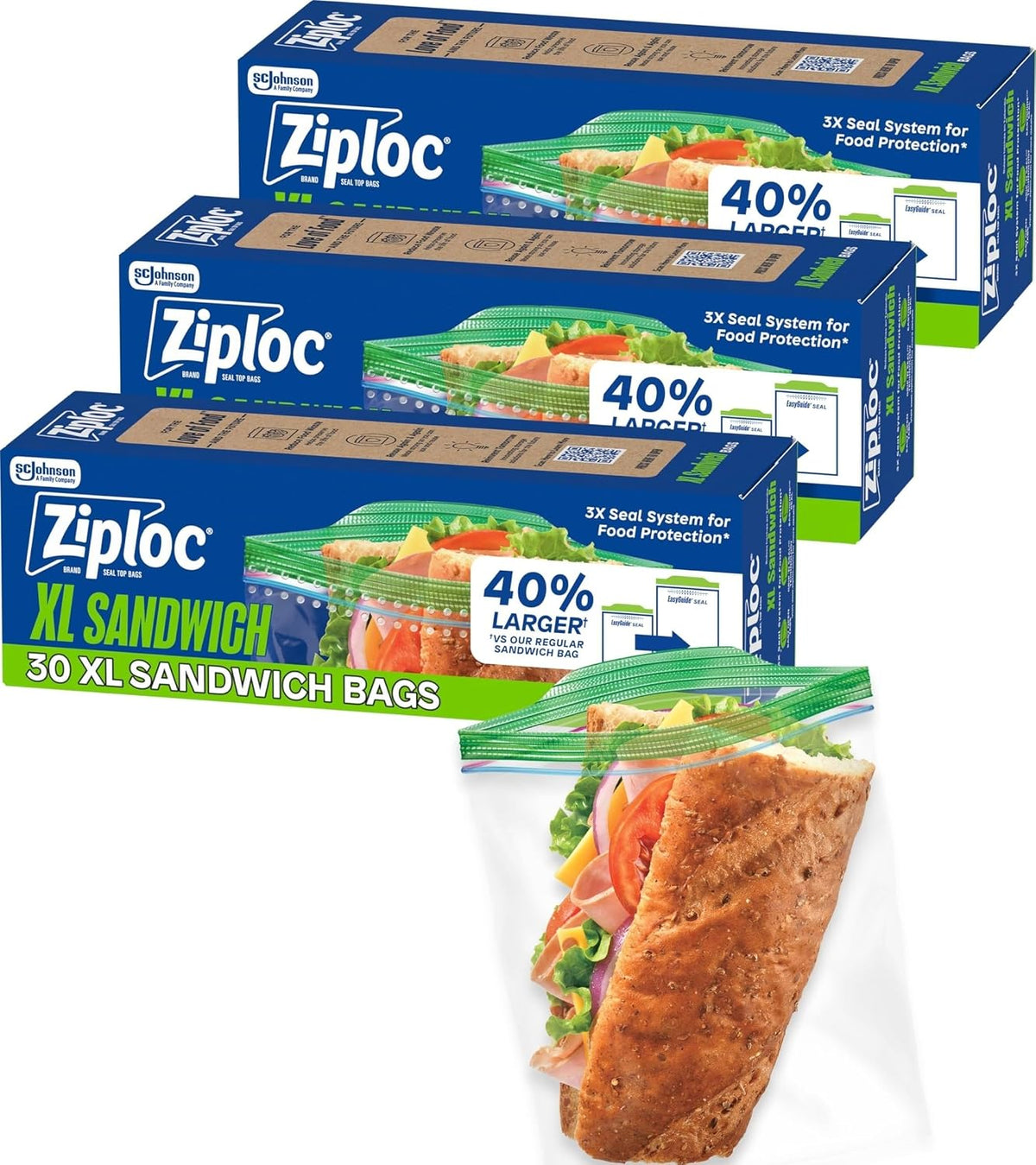 Ziploc XL Sandwich Bags, Food Storage, 90 Count (30 Count, 3-Pack)