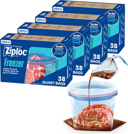 Ziploc Quart Freezer Bags, Food Storage, 152 Total Bags (38 Count, 4-Pack)