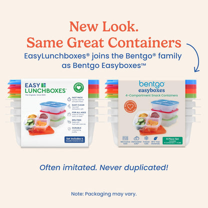 Bentgo Easyboxes 4-Compartment Snack Containers - 8-Piece Set with 4 Trays & 4 Custom-Fit Lids to Seal in Freshness - Reusable Food Storage & Meal Prep Bento BPA-Free Containers (Classic 4-Pack)