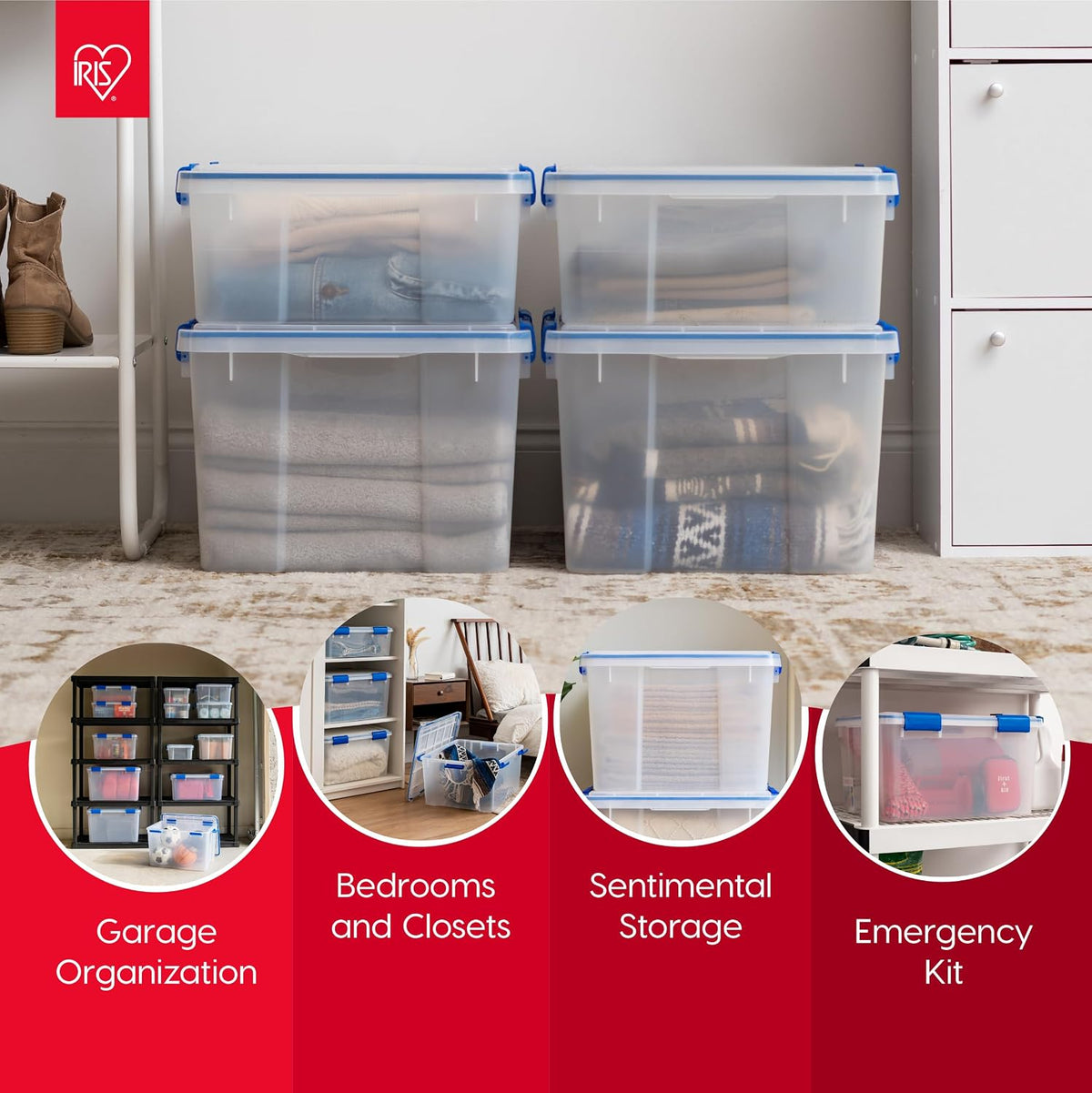 IRIS USA 3-Pack 16 Qt Storage Bins with Gasket Lids, Clear/Blue