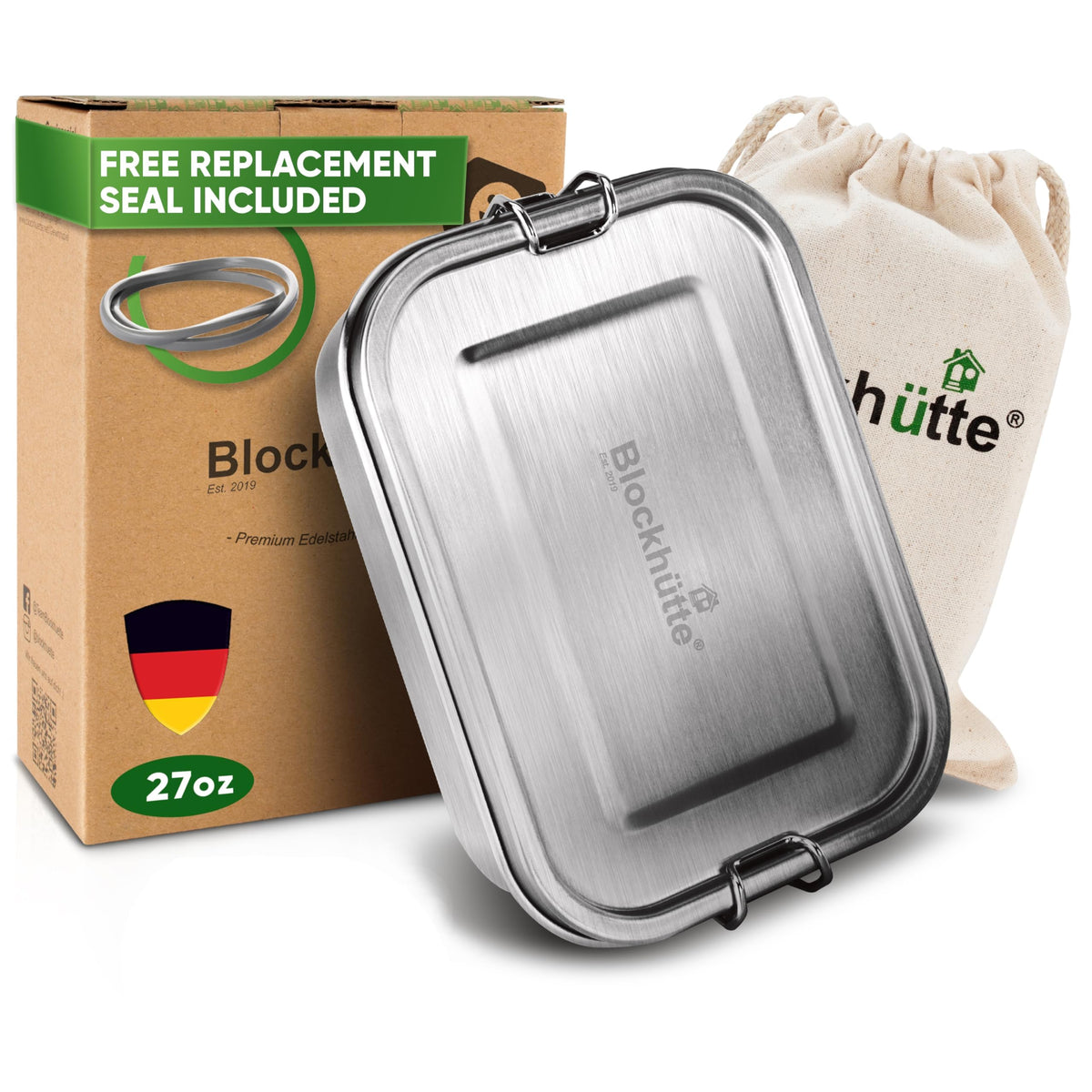 Blockhütte Stainless Steel Lunch Box for Adults I 47oz I Bento Box 3 Compartments with free Sealing, Leak-Proof Container, Metal Lunchbox for Travel, Work, Eco-Friendly Meal Storage Solution