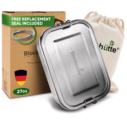 Blockhütte Stainless Steel Lunch Box for Adults I 47oz I Bento Box 3 Compartments with free Sealing, Leak-Proof Container, Metal Lunchbox for Travel, Work, Eco-Friendly Meal Storage Solution