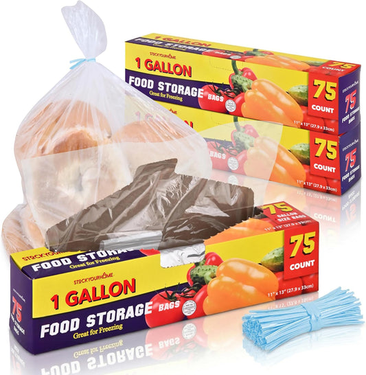 1 Gallon Food Storage Bags with Twist Ties (225 Count) Bulk Freezer Storage Bags Gallon Size for Bread, Vegetables, Fruit, and More, Clear Disposable Twist Tie Storage Bags, Stock Your Home