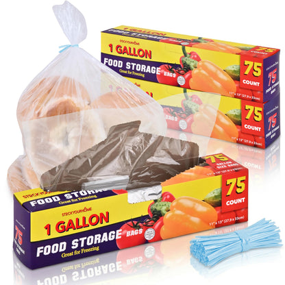1 Gallon Food Storage Bags with Twist Ties (225 Count) Bulk Freezer Storage Bags Gallon Size for Bread, Vegetables, Fruit, and More, Clear Disposable Twist Tie Storage Bags, Stock Your Home