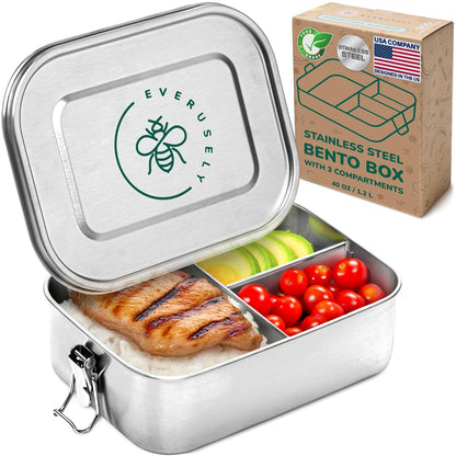 Bento Box - 47 oz - 5 Compartment Bento Box - Metal Lunch Box w/ Lock Clips