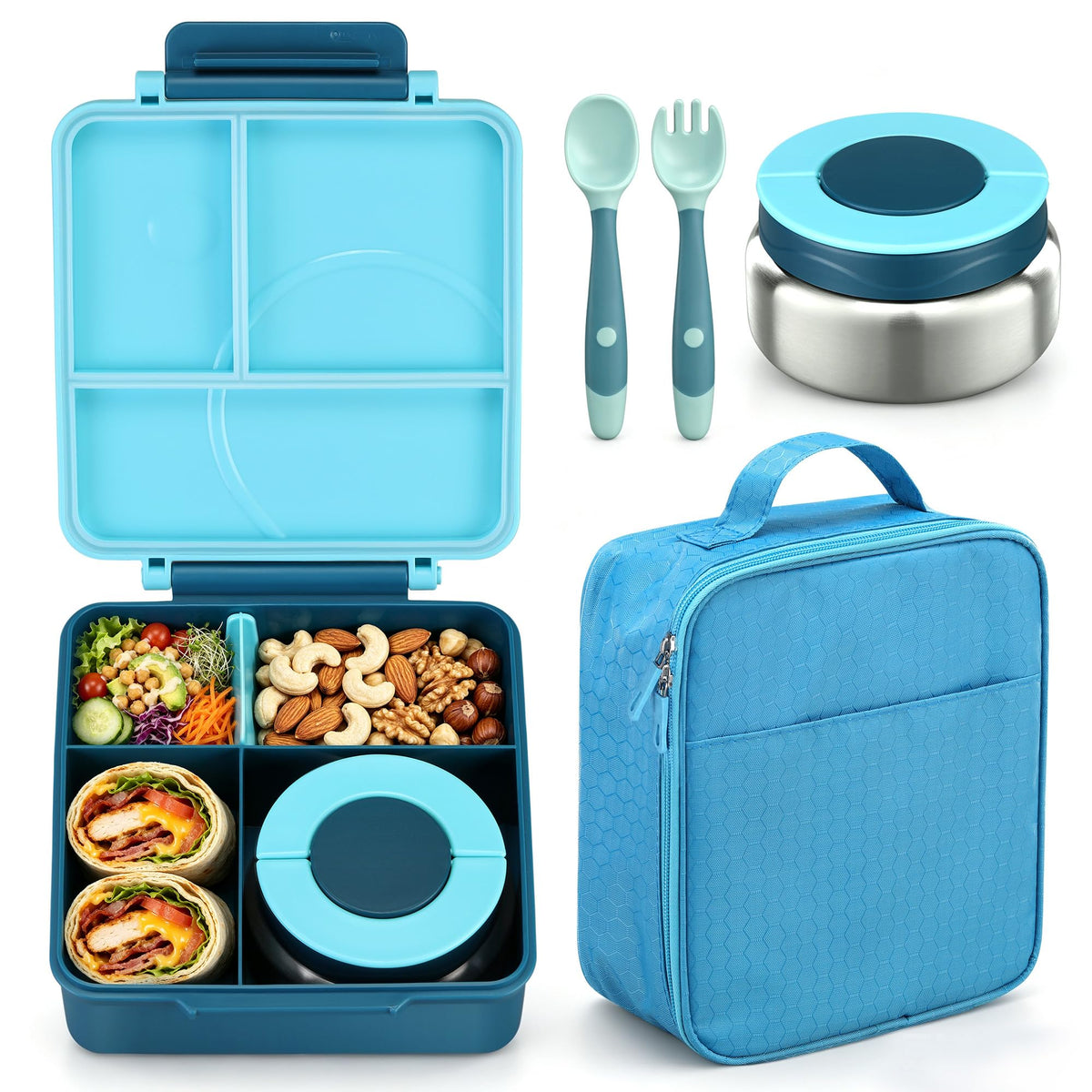 Bento Lunch Box Set for Kids with 8oz Soup Thermo, Leak-Proof Lunch Containers with 4 Compartment, Kids Thermo Hot Food Jar and Insulated Lunch Bag for Kid to School-Blue