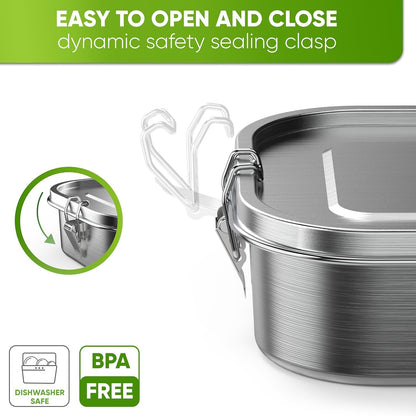 Blockhütte Stainless Steel Lunch Box for Adults I 47oz I Bento Box 3 Compartments with free Sealing, Leak-Proof Container, Metal Lunchbox for Travel, Work, Eco-Friendly Meal Storage Solution