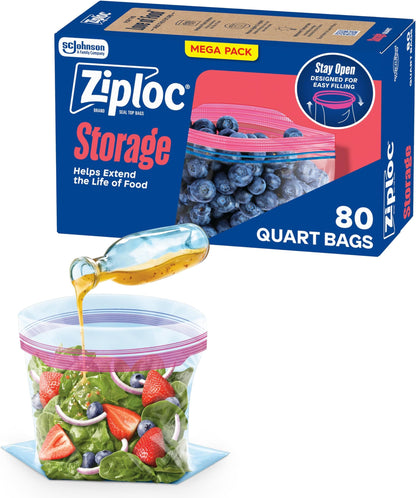 Ziploc Quart Food Storage Bags, Stand-Up Bottom, 80 Count