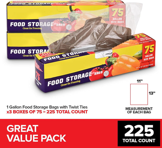 1 Gallon Food Storage Bags with Twist Ties (225 Count) Bulk Freezer Storage Bags Gallon Size for Bread, Vegetables, Fruit, and More, Clear Disposable Twist Tie Storage Bags, Stock Your Home