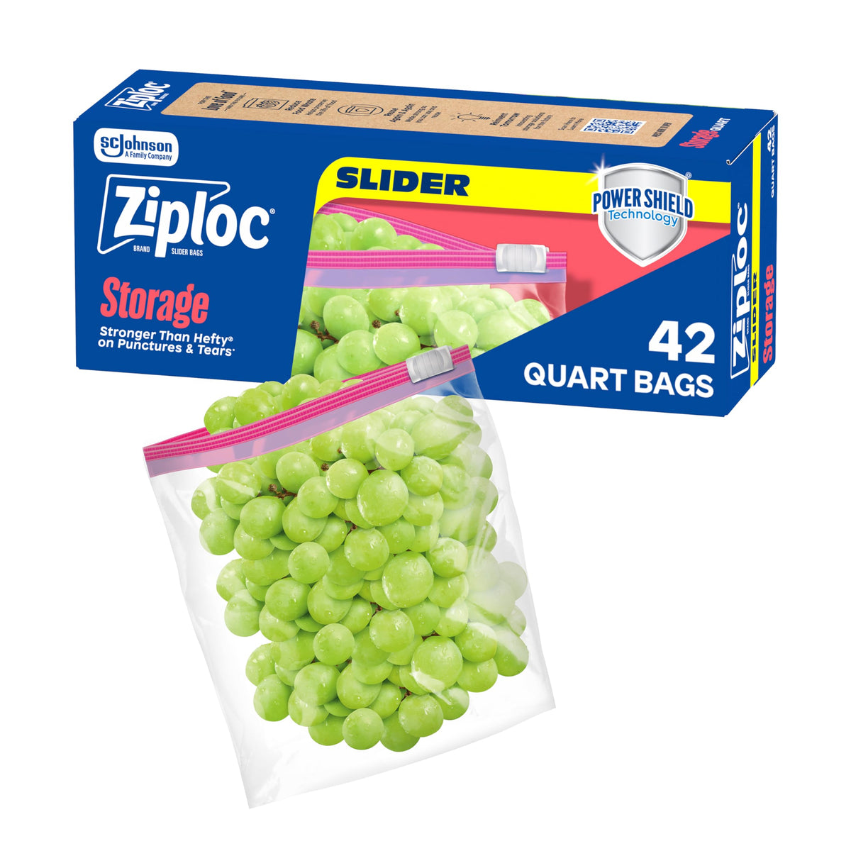 Ziploc Quart Food Storage Slider Bags, Power Shield Technology for More Durability, 42 Count