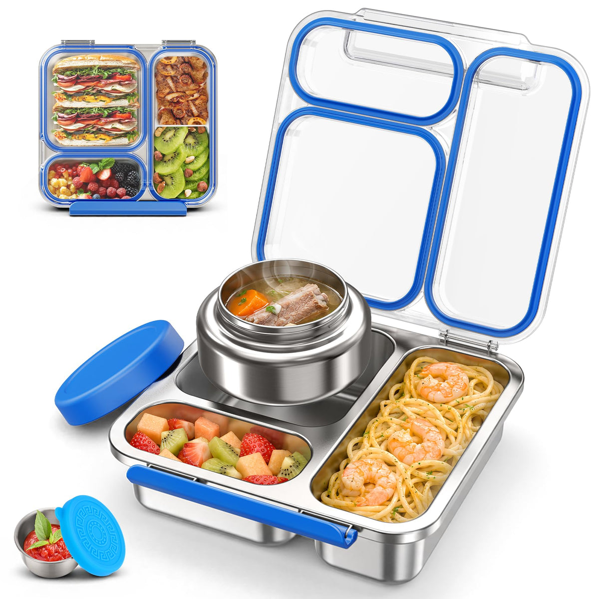 Stainless Steel Bento Box Kids Adult with 7oz Soup Thermo, Transparent Lid 3 Compartments Metal Bento Lunch Box with Insulated Food Jar,Lunch Box Container Sauce Cup for School,BPA-Free(Pink)