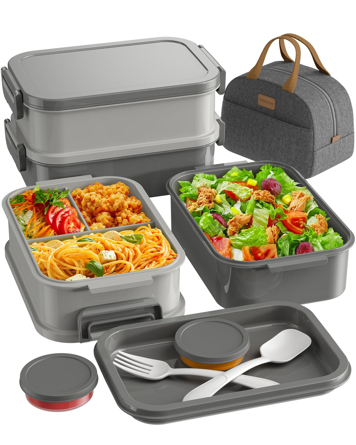 KEMETHY Adults Bento Lunch Box Set with Thermo Bag, 74oz Stackable Leak-proof 3-tiers Bento Box, Built-in Utensil and Sauce Container for Work, School, Dining Out (Green)