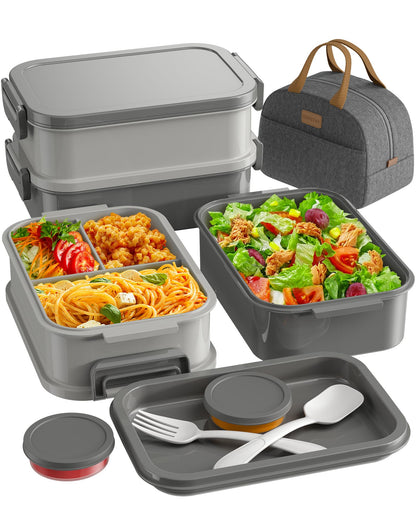 KEMETHY Adults Bento Lunch Box Set with Thermo Bag, 74oz Stackable Leak-proof 3-tiers Bento Box, Built-in Utensil and Sauce Container for Work, School, Dining Out (Green)