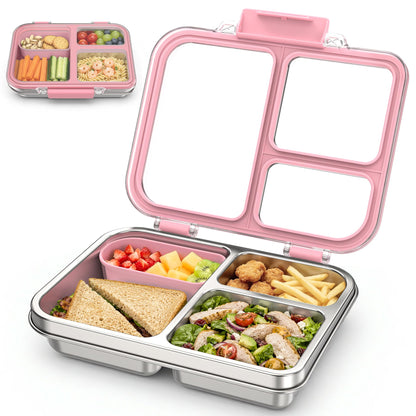 Stainless Steel Bento Box for Kids, 3-Compartment Metal Lunch Box with Clear Lid & Removable Silicone, Lunch Box Kids with Silicone Inner Container for Meal Prep, School, Office (Grey)