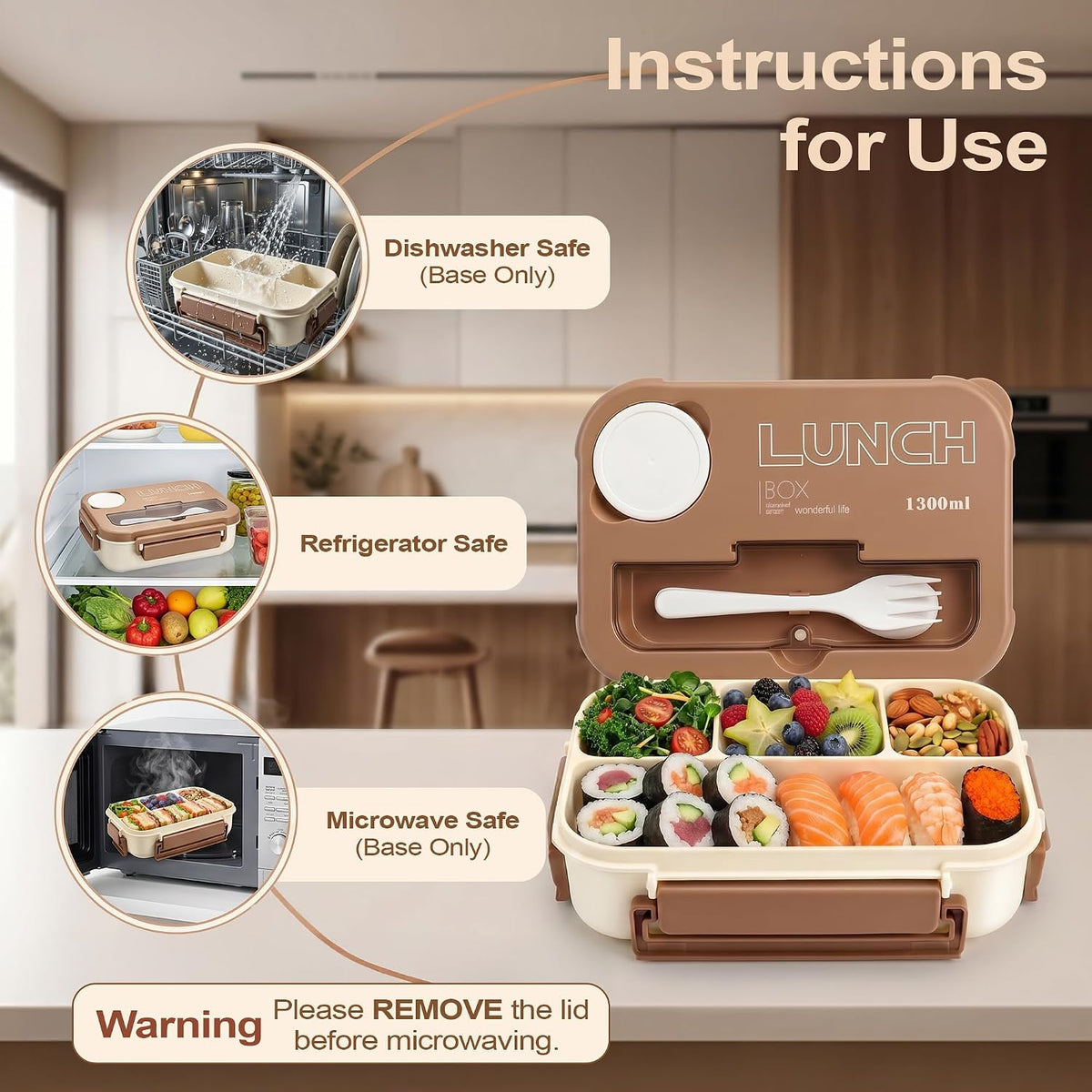 Bento Box Adult Lunch Box, Lunch Containers for Adults 44.5 Oz/5 Cup, Khaki