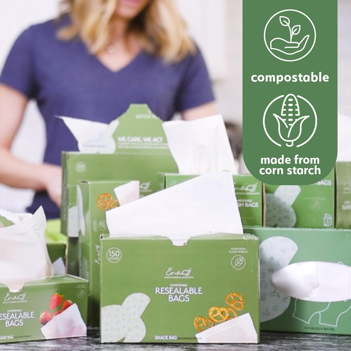 100% Compostable Food Storage Bags - Gallon Size, 50 Pack, Eco-Friendly Freezer Bags, Resealable, Heavy-Duty, Reusable, Off-White Leak Proof, Food Grade by Earth's Natural Alternative